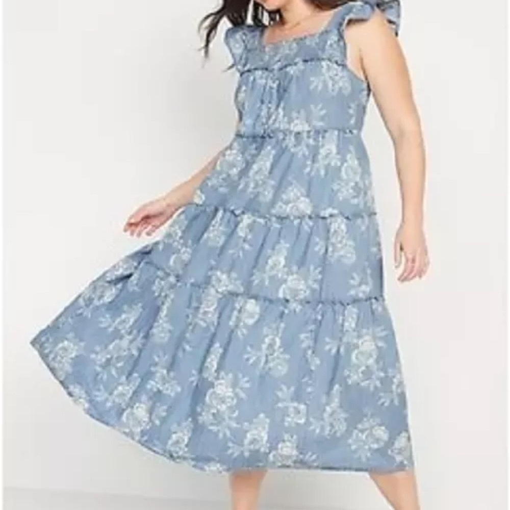 Old Navy Chambray Floral Tiered Maxi Dress Cotton L